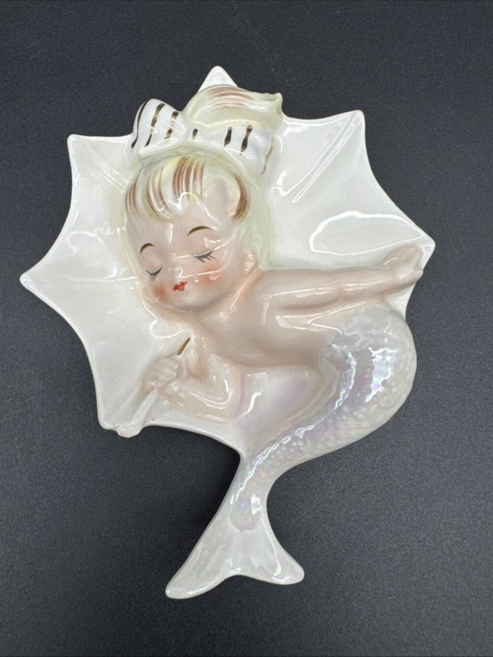 VTG MCM 50’s Enesco Blonde Mermaid Girl Kitsch Umbrella Wall Plaque Ceramic READ